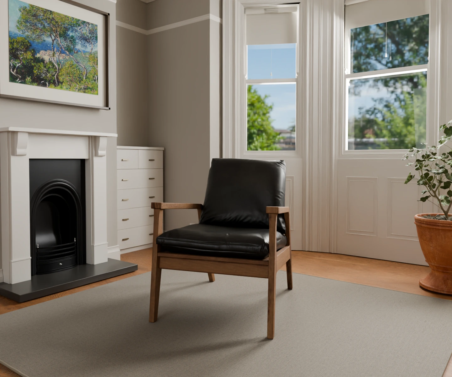 Guestview room study featuring one oak and leather chair in a bay-window interior