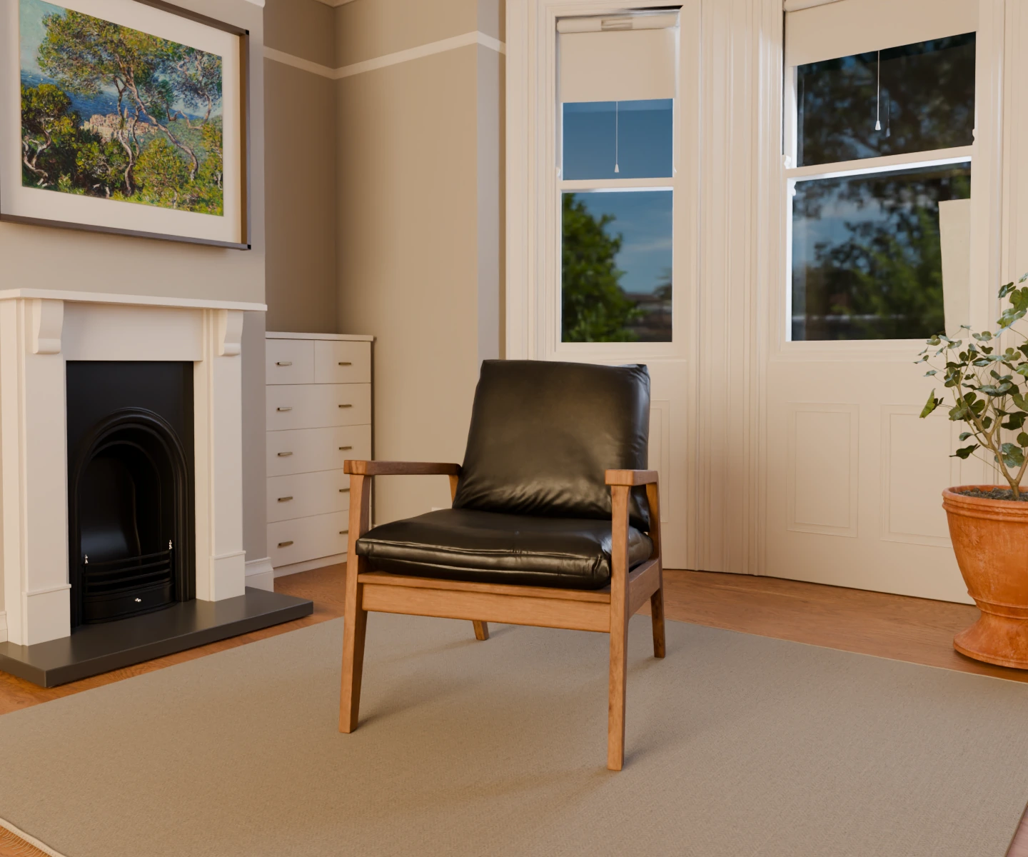 One oak and leather armchair in a living room under warm evening lighting