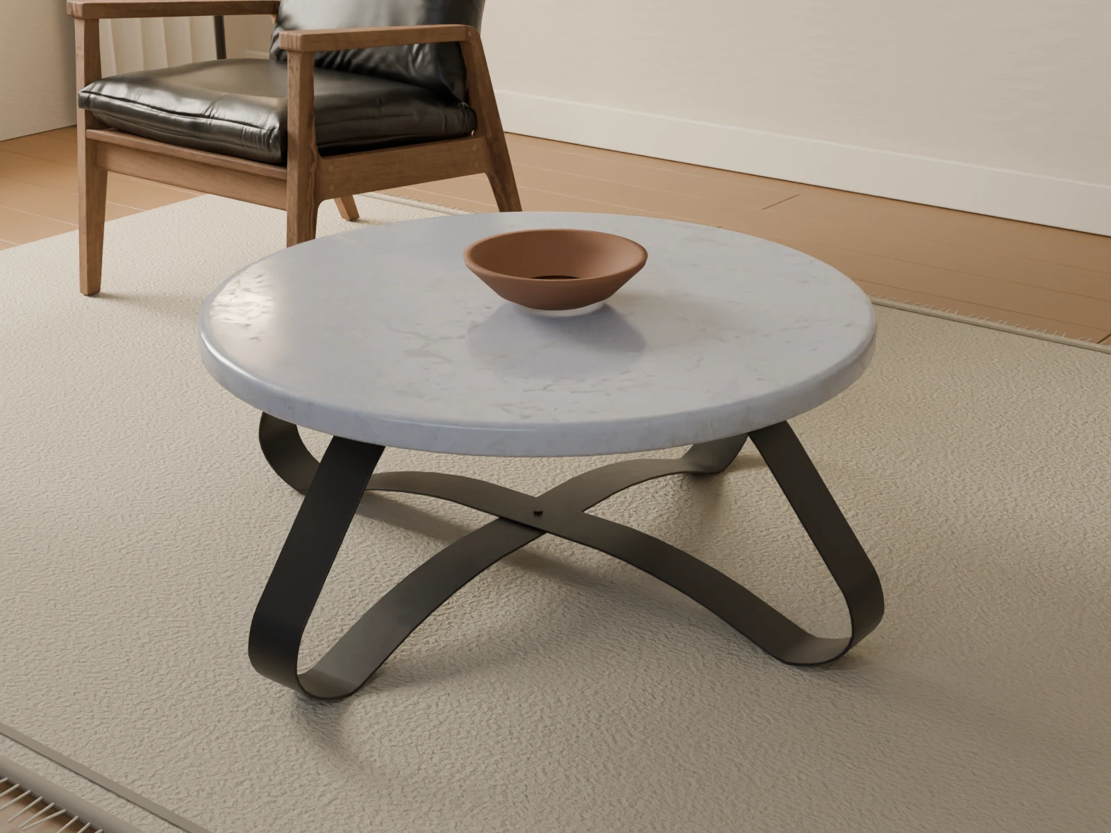 Marble table surface and metal legs shown in a close view